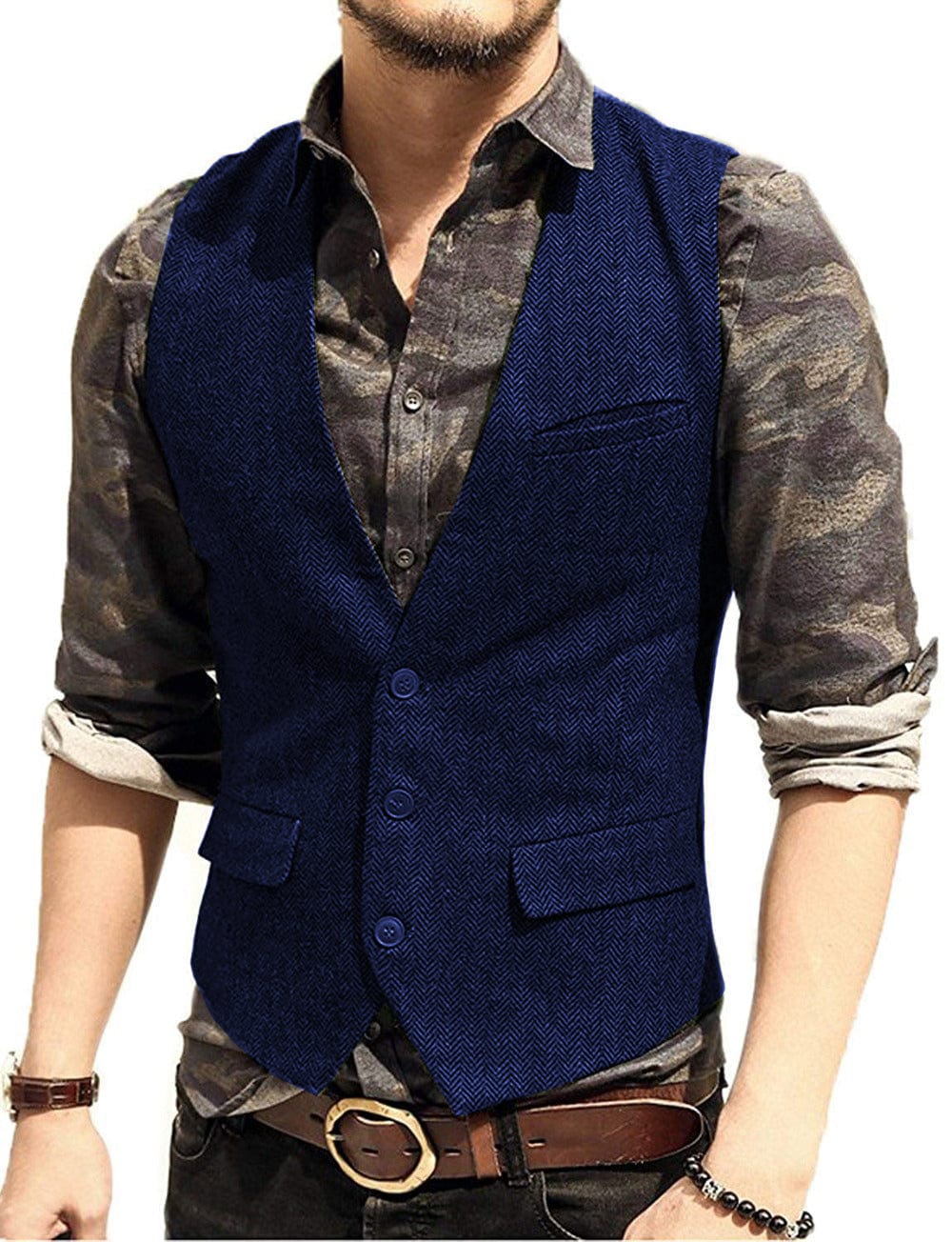 Tiavllya Tiavllya Vintage Classical Mens Regular Fit Tweed Herringbone V Neck Waistcoat
