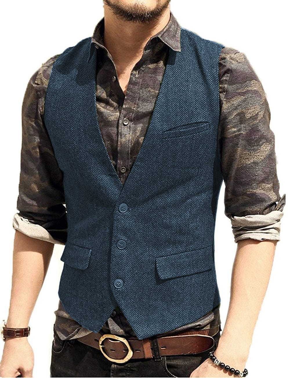 Tiavllya Tiavllya Vintage Classical Mens Regular Fit Tweed Herringbone V Neck Waistcoat