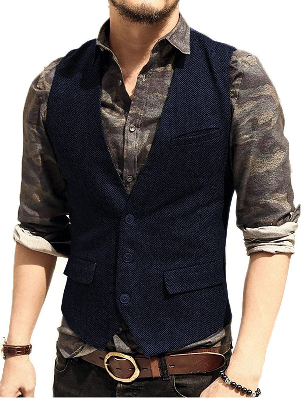 Tiavllya Tiavllya Vintage Classical Mens Regular Fit Tweed Herringbone V Neck Waistcoat