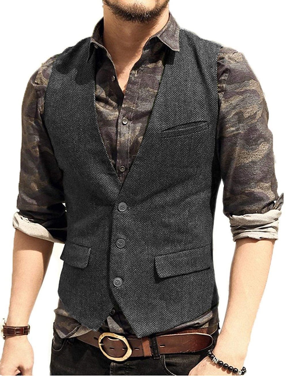 Tiavllya Tiavllya Vintage Classical Mens Regular Fit Tweed Herringbone V Neck Waistcoat