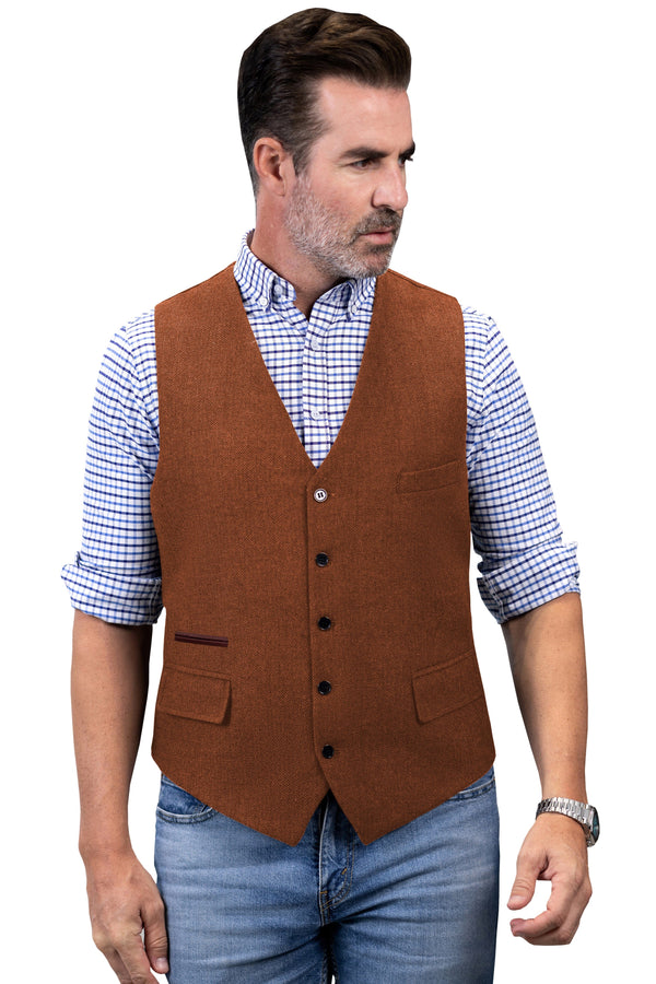 Tiavllya Tiavllya Vintage Classical Mens Regular Fit Tweed Herringbone V Neck Waistcoat