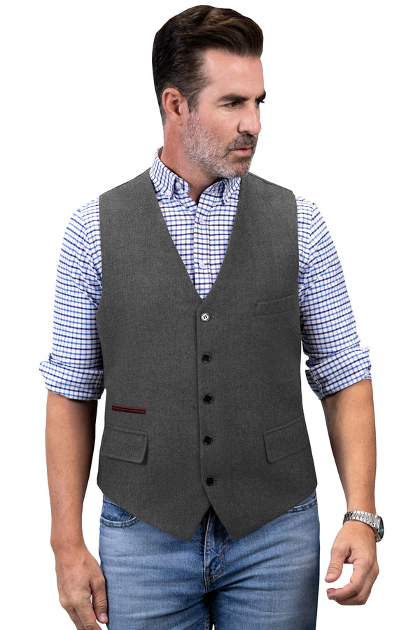 Tiavllya Tiavllya Vintage Classical Mens Regular Fit Tweed Herringbone V Neck Waistcoat