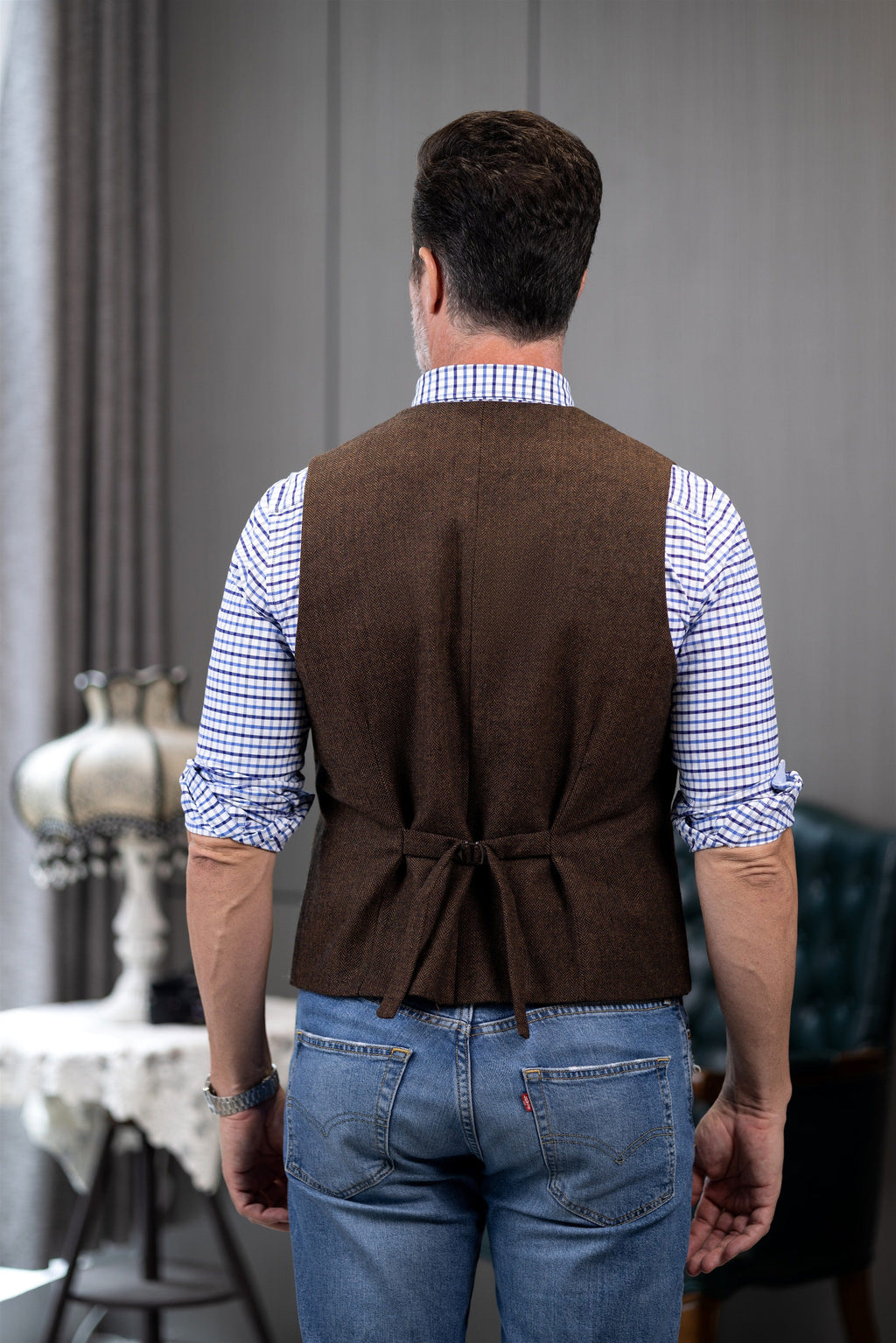 Tiavllya Tiavllya Vintage Classical Mens Regular Fit Tweed Herringbone V Neck Waistcoat