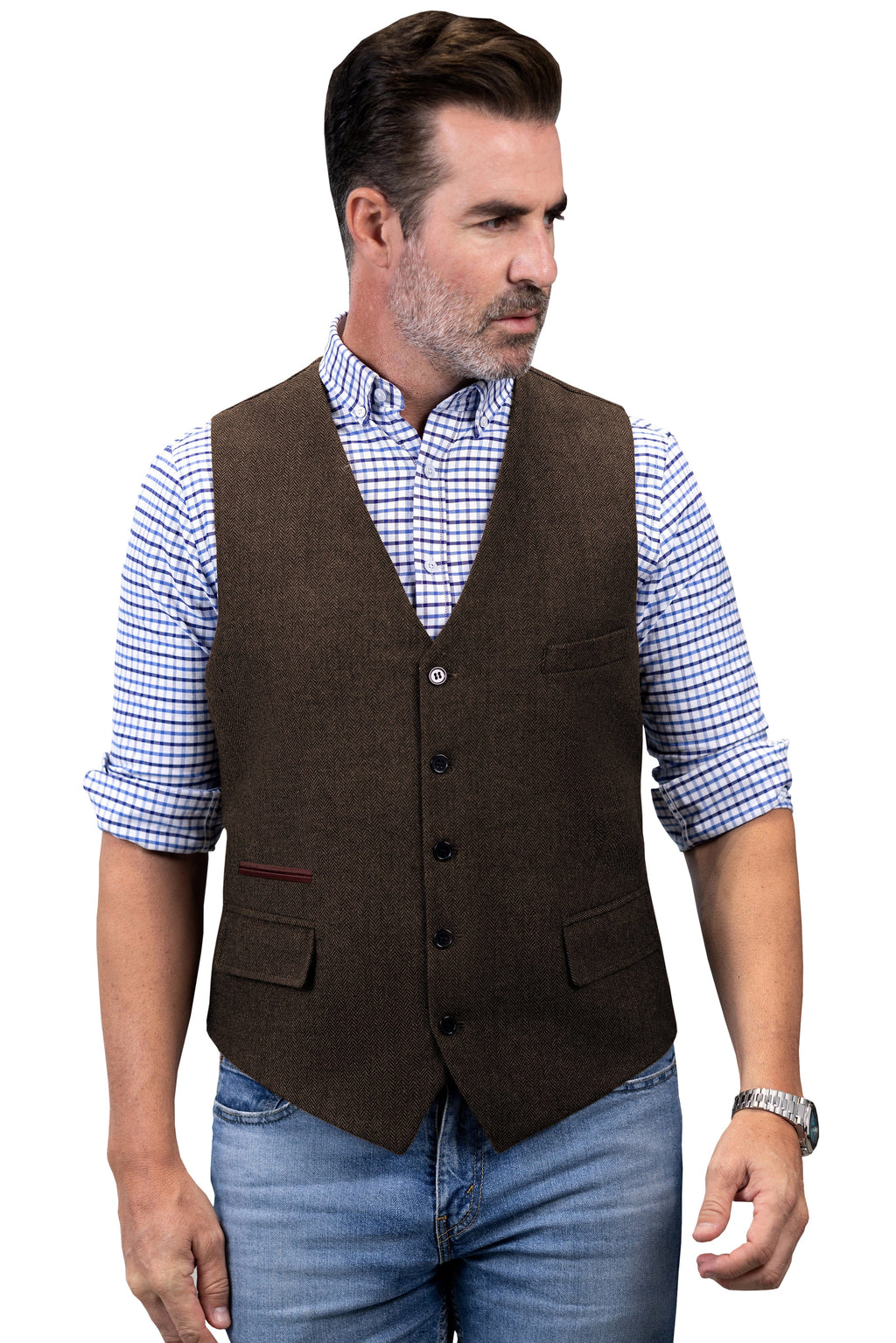 Tiavllya Tiavllya Vintage Classical Mens Regular Fit Tweed Herringbone V Neck Waistcoat