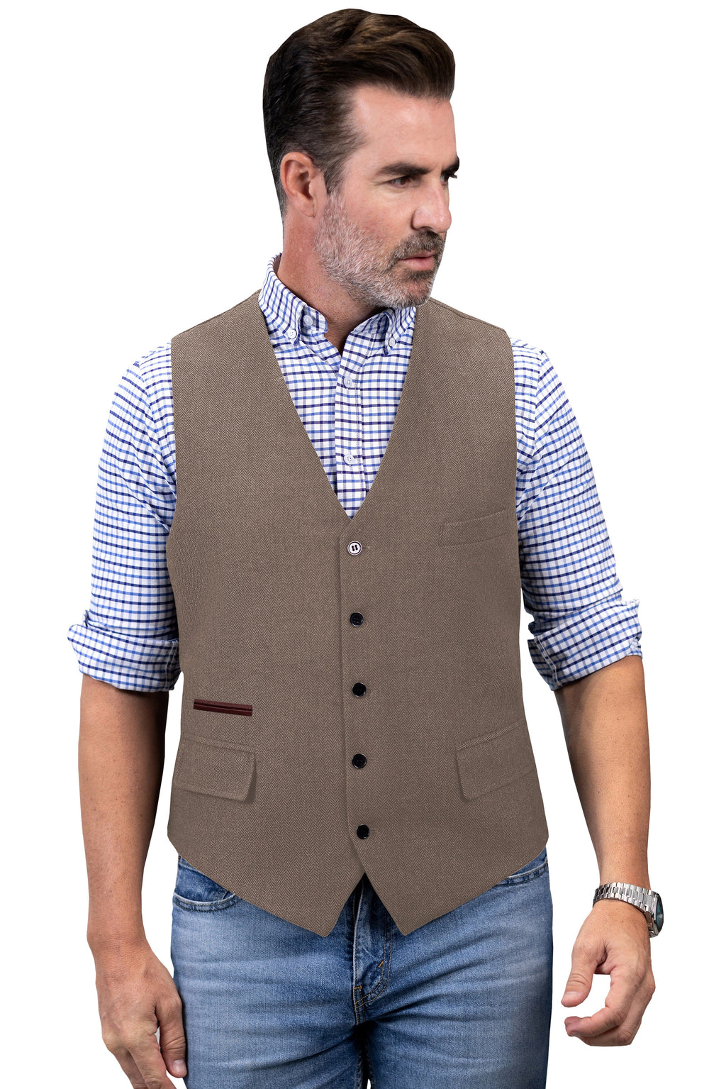 Tiavllya Tiavllya Vintage Classical Mens Regular Fit Tweed Herringbone V Neck Waistcoat
