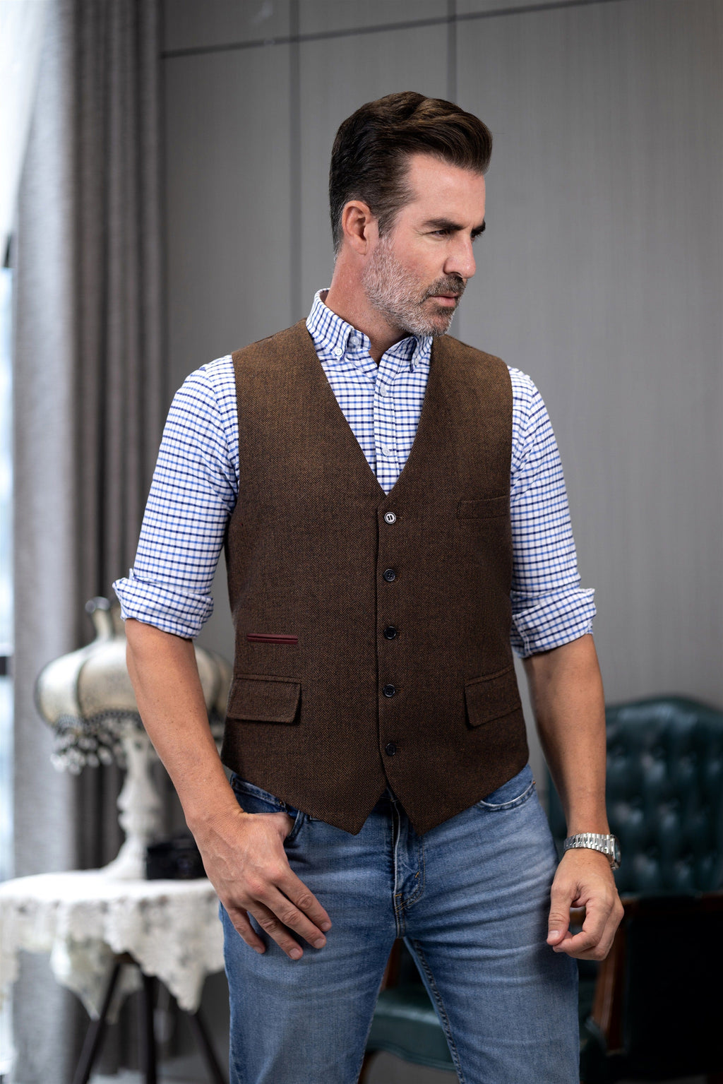 Tiavllya Tiavllya Vintage Classical Mens Regular Fit Tweed Herringbone V Neck Waistcoat