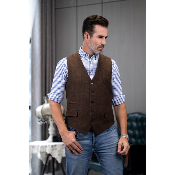 Tiavllya Tiavllya Vintage Classical Mens Regular Fit Tweed Herringbone V Neck Waistcoat