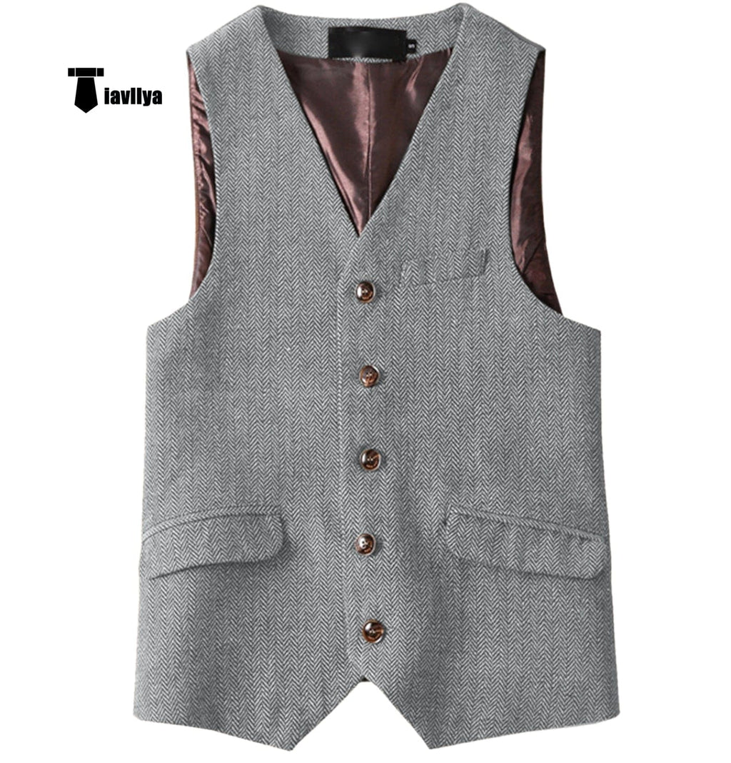 Tiavllya Tiavllya Vintage Classical Mens Regular Fit Tweed Herringbone V Neck Waistcoat