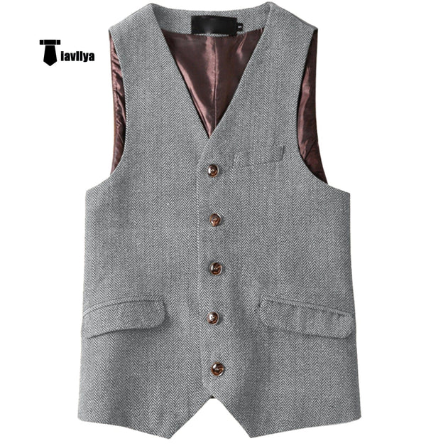 Tiavllya Tiavllya Vintage Classical Mens Regular Fit Tweed Herringbone V Neck Waistcoat