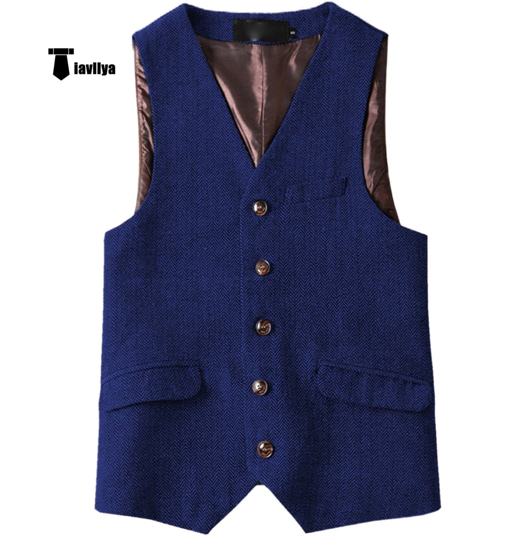 Tiavllya Tiavllya Vintage Classical Mens Regular Fit Tweed Herringbone V Neck Waistcoat