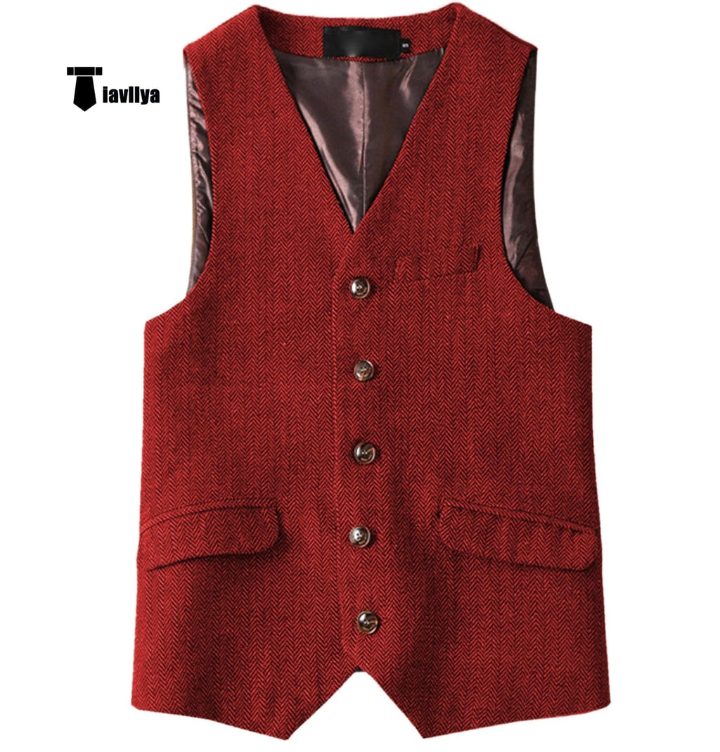 Tiavllya Tiavllya Vintage Classical Mens Regular Fit Tweed Herringbone V Neck Waistcoat