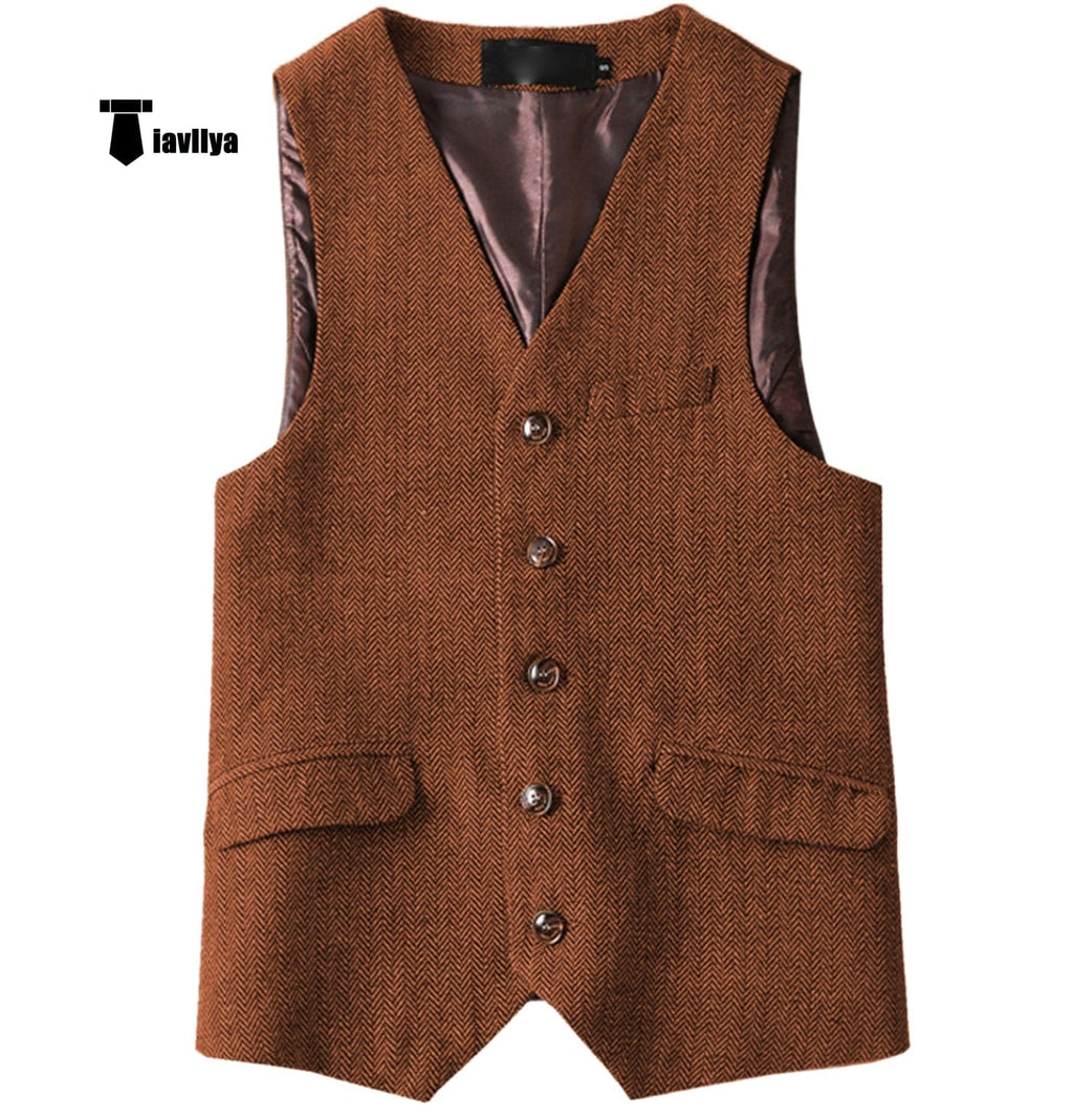 Tiavllya Tiavllya Vintage Classical Mens Regular Fit Tweed Herringbone V Neck Waistcoat
