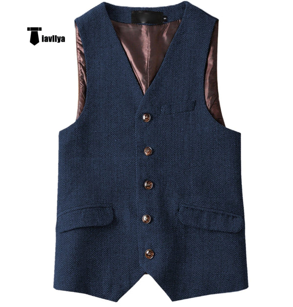 Tiavllya Tiavllya Vintage Classical Mens Regular Fit Tweed Herringbone V Neck Waistcoat