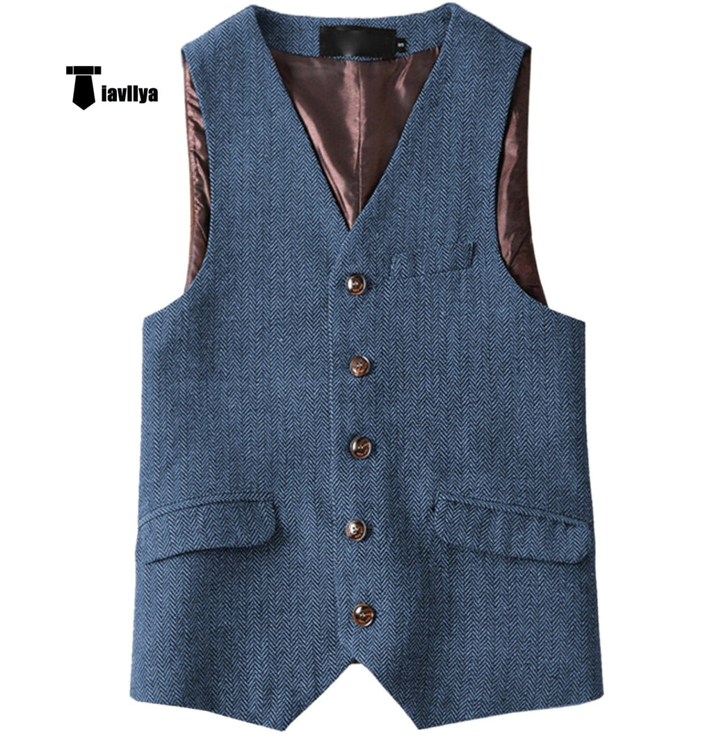 Tiavllya Tiavllya Vintage Classical Mens Regular Fit Tweed Herringbone V Neck Waistcoat