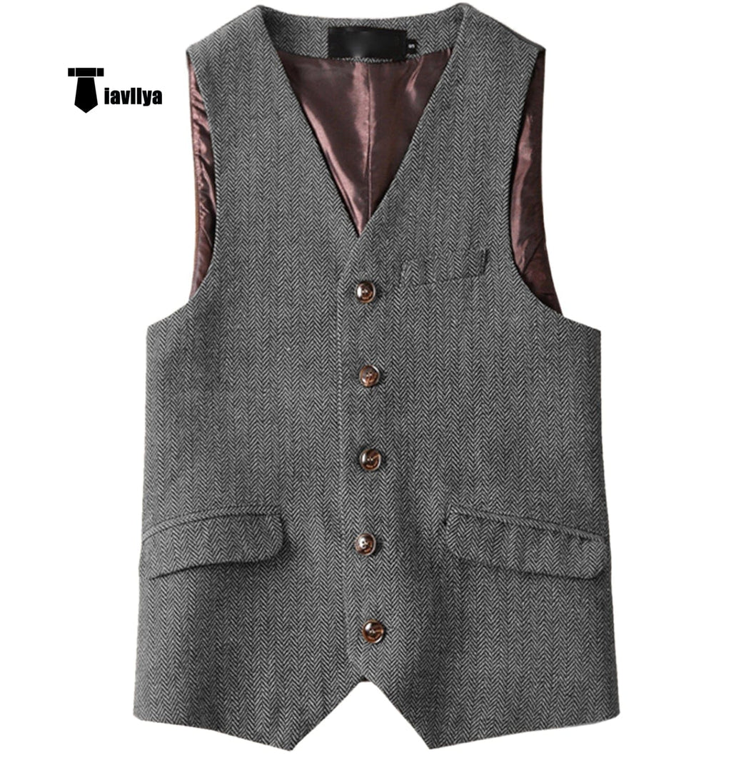 Tiavllya Tiavllya Vintage Classical Mens Regular Fit Tweed Herringbone V Neck Waistcoat