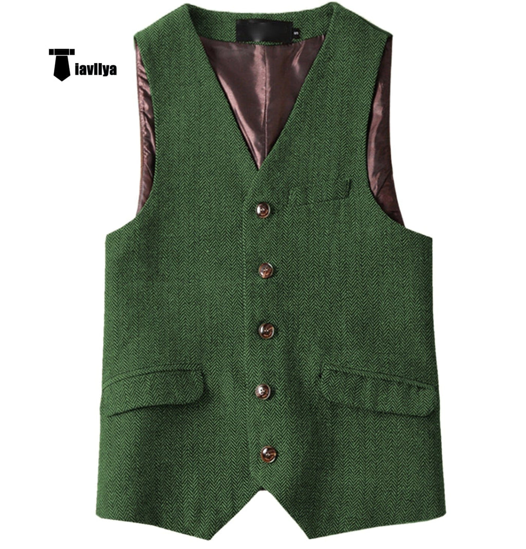 Tiavllya Tiavllya Vintage Classical Mens Regular Fit Tweed Herringbone V Neck Waistcoat