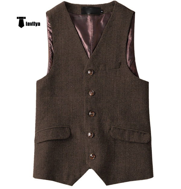 Tiavllya Tiavllya Vintage Classical Mens Regular Fit Tweed Herringbone V Neck Waistcoat