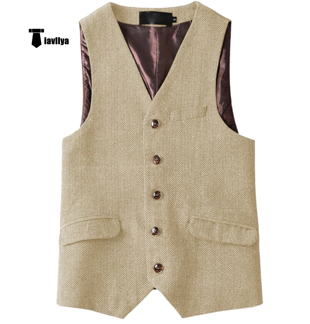 Tiavllya Tiavllya Vintage Classical Mens Regular Fit Tweed Herringbone V Neck Waistcoat