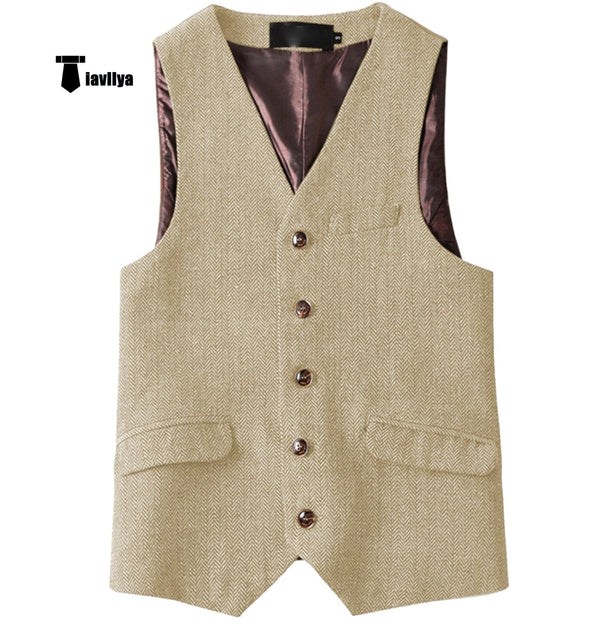 Tiavllya Tiavllya Vintage Classical Mens Regular Fit Tweed Herringbone V Neck Waistcoat