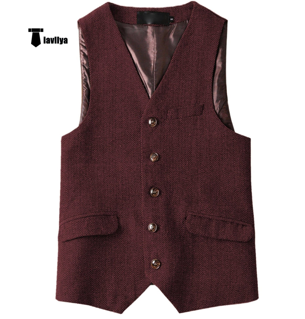 Tiavllya Tiavllya Vintage Classical Mens Regular Fit Tweed Herringbone V Neck Waistcoat
