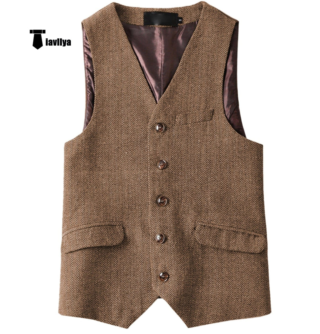 Tiavllya Tiavllya Vintage Classical Mens Regular Fit Tweed Herringbone V Neck Waistcoat