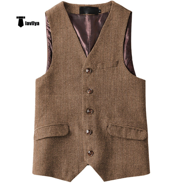 Tiavllya Tiavllya Vintage Classical Mens Regular Fit Tweed Herringbone V Neck Waistcoat