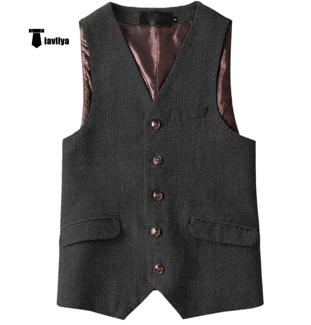 Tiavllya Tiavllya Vintage Classical Mens Regular Fit Tweed Herringbone V Neck Waistcoat