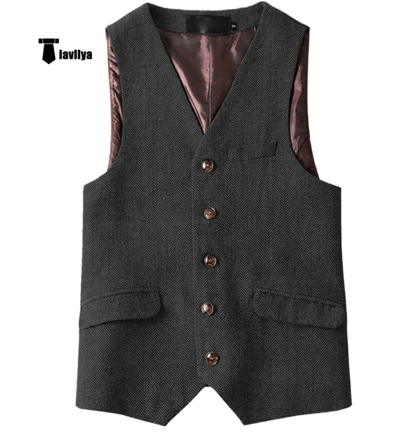Tiavllya Tiavllya Vintage Classical Mens Regular Fit Tweed Herringbone V Neck Waistcoat
