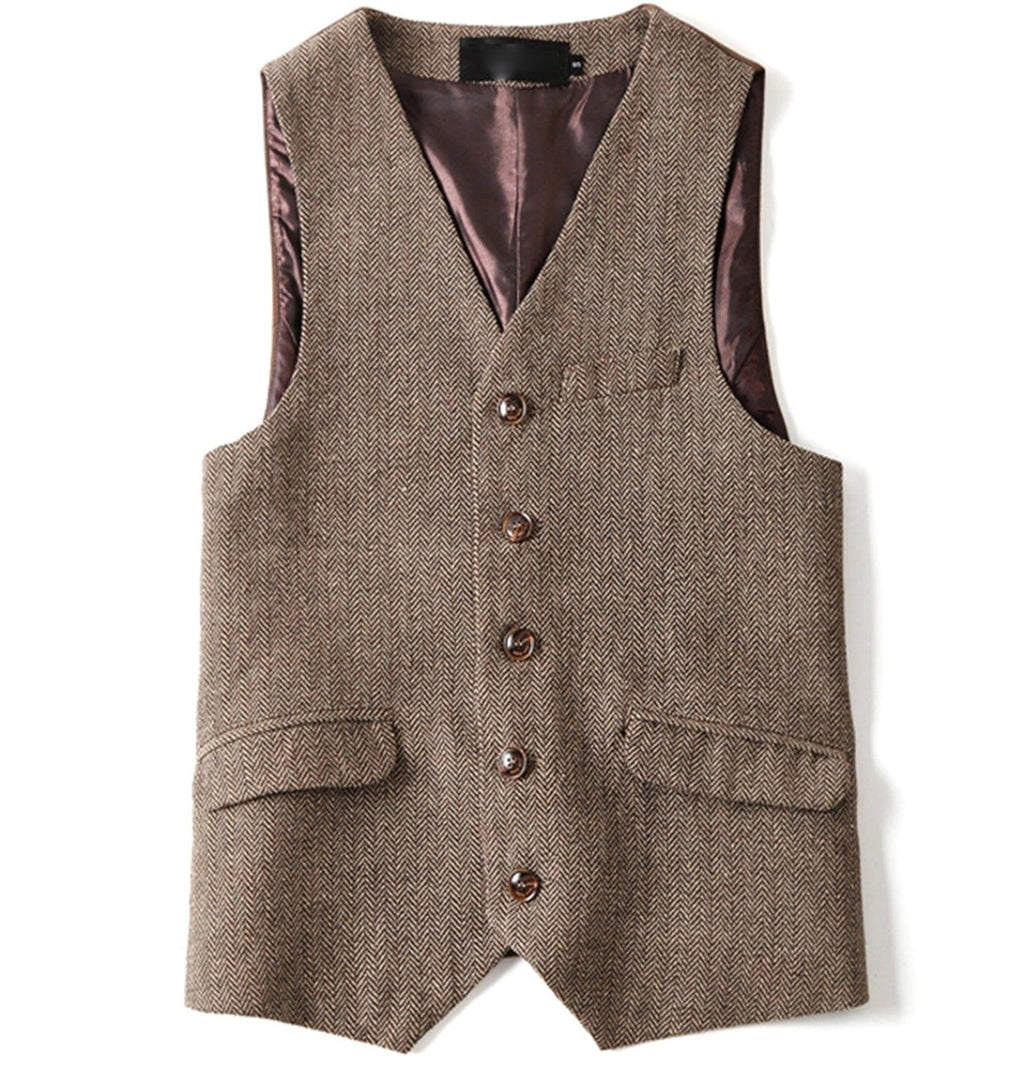 Tiavllya Tiavllya Vintage Classical Mens Regular Fit Tweed Herringbone V Neck Waistcoat