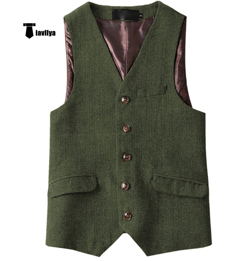 Tiavllya Tiavllya Vintage Classical Mens Regular Fit Tweed Herringbone V Neck Waistcoat