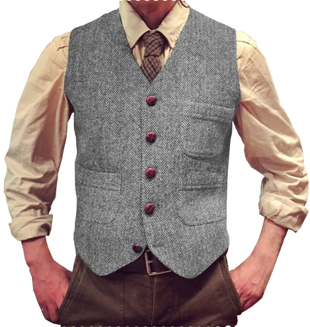 Tiavllya Tiavllya Vintage Classical Mens Regular Fit Tweed Herringbone V Neck Waistcoat