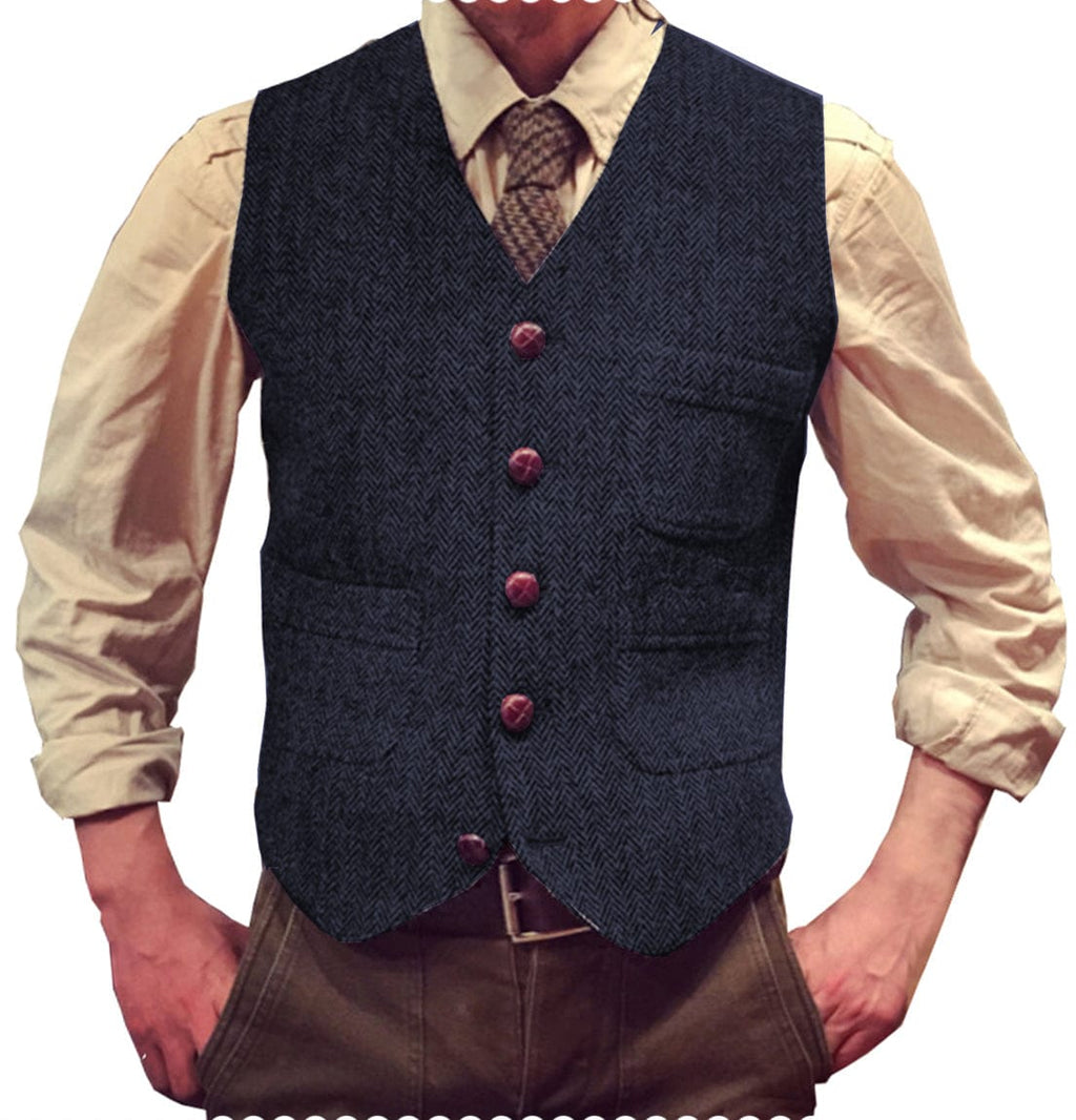 Tiavllya Tiavllya Vintage Classical Mens Regular Fit Tweed Herringbone V Neck Waistcoat