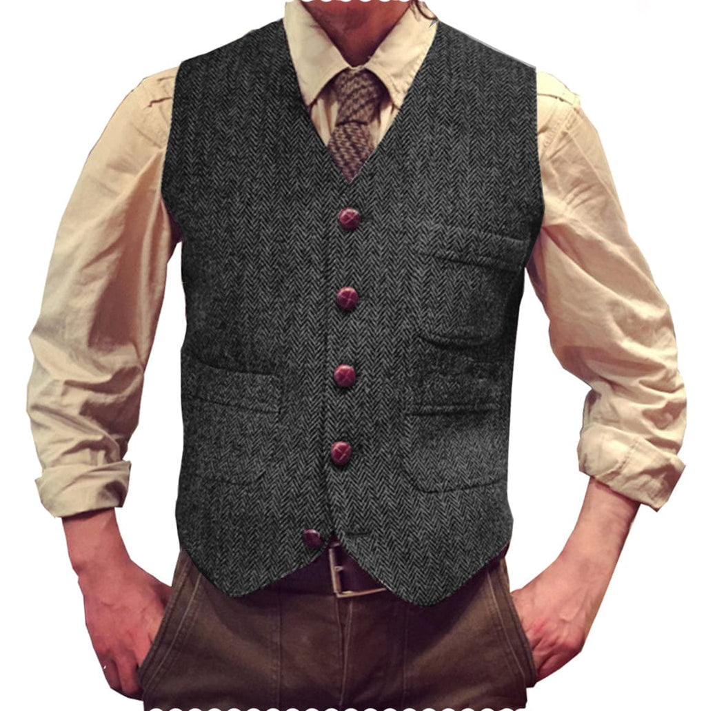 Tiavllya Tiavllya Vintage Classical Mens Regular Fit Tweed Herringbone V Neck Waistcoat