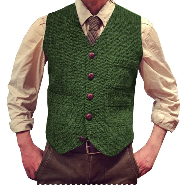 Tiavllya Tiavllya Vintage Classical Mens Regular Fit Tweed Herringbone V Neck Waistcoat