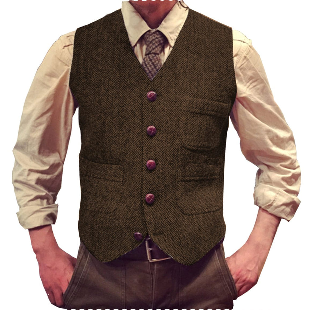 Tiavllya Tiavllya Vintage Classical Mens Regular Fit Tweed Herringbone V Neck Waistcoat