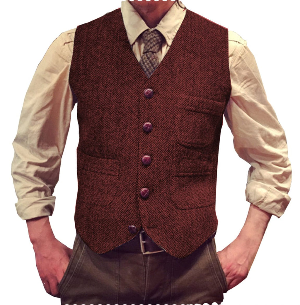 Tiavllya Tiavllya Vintage Classical Mens Regular Fit Tweed Herringbone V Neck Waistcoat