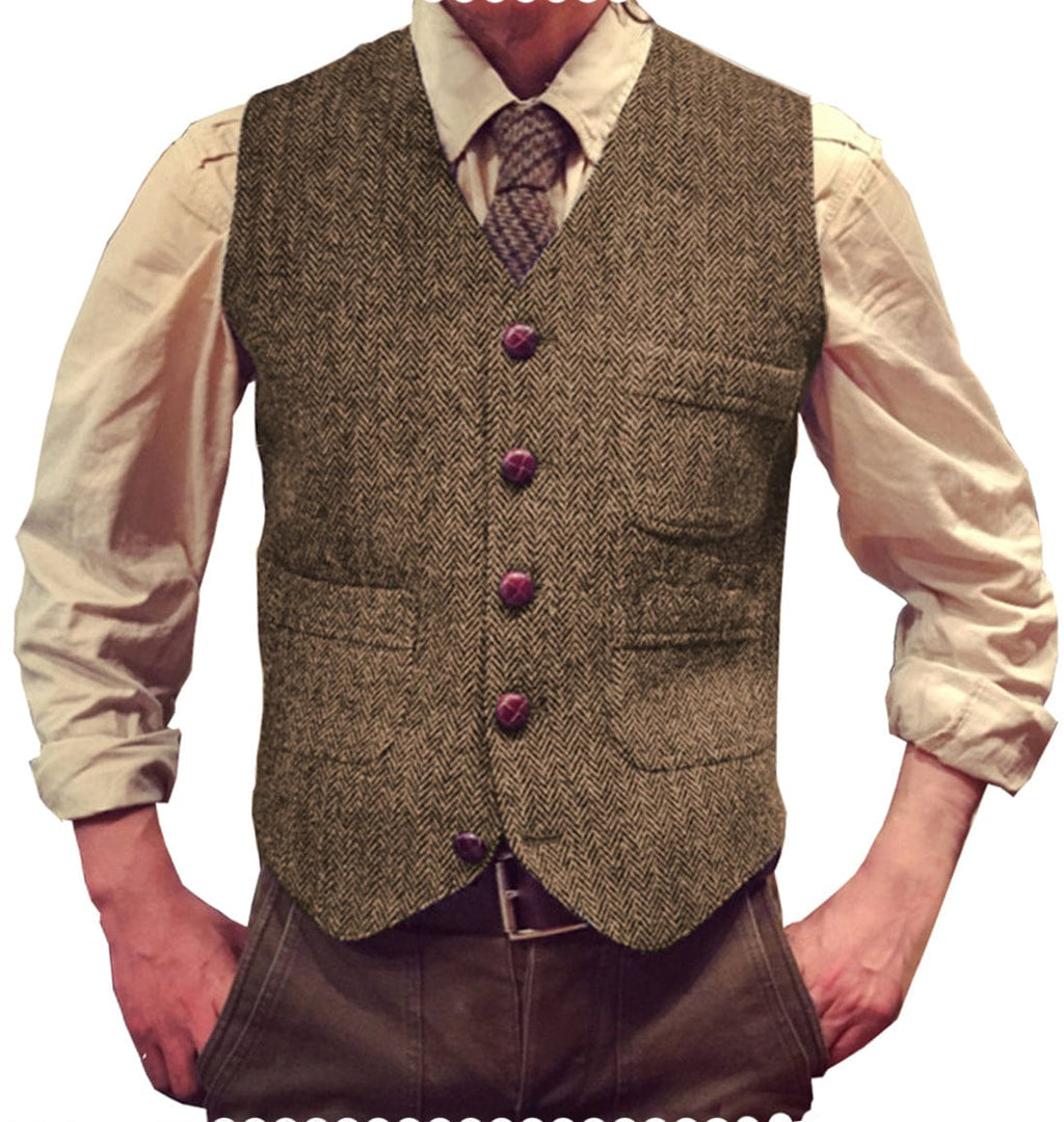 Tiavllya Tiavllya Vintage Classical Mens Regular Fit Tweed Herringbone V Neck Waistcoat