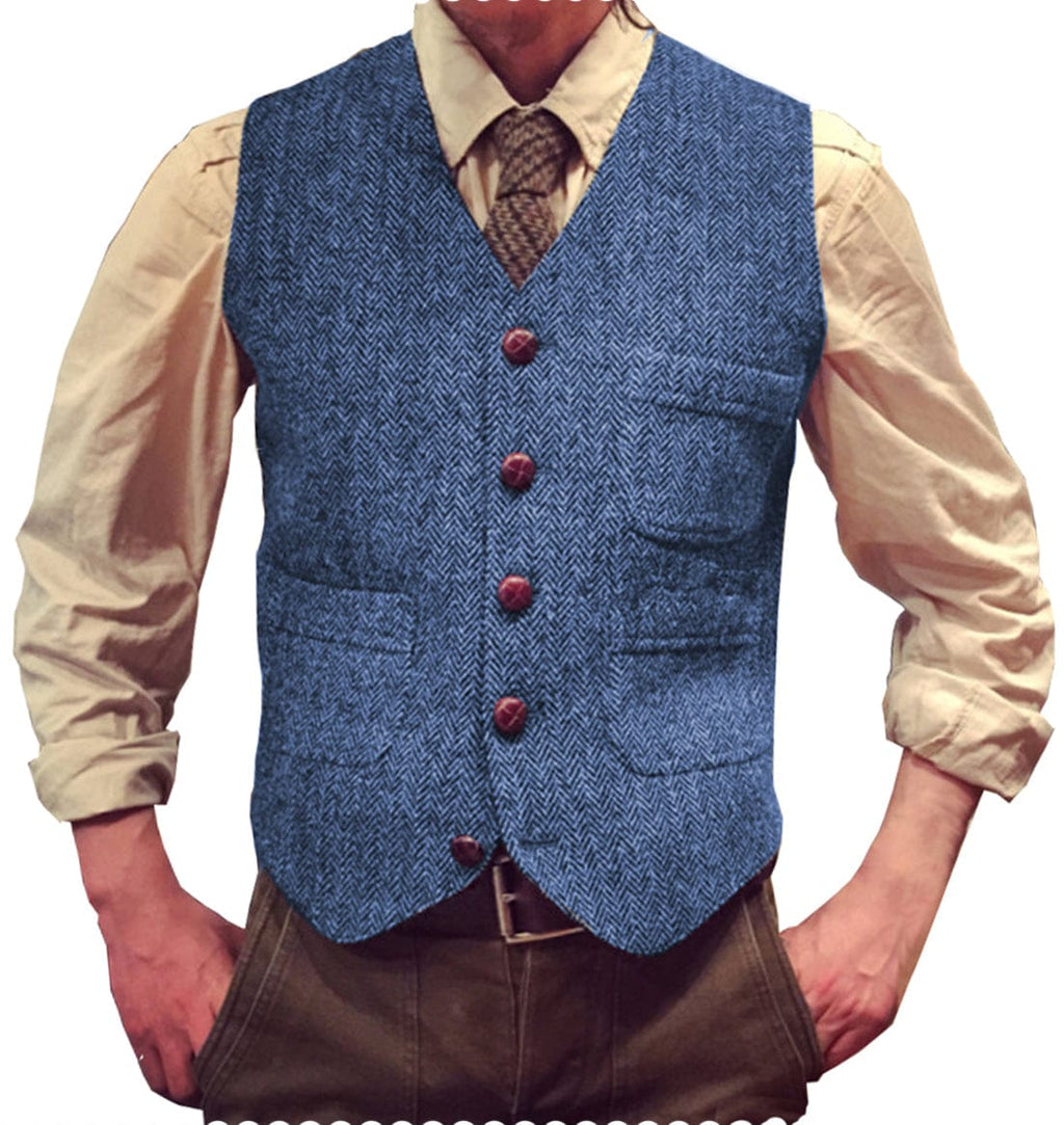 Tiavllya Tiavllya Vintage Classical Mens Regular Fit Tweed Herringbone V Neck Waistcoat