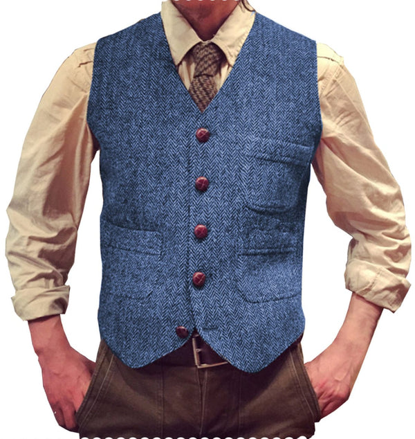 Tiavllya Tiavllya Vintage Classical Mens Regular Fit Tweed Herringbone V Neck Waistcoat