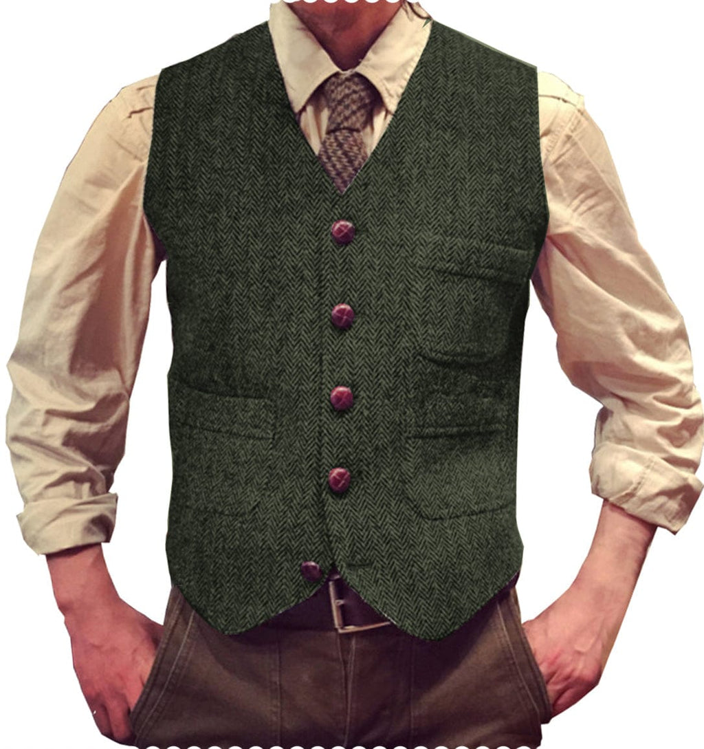 Tiavllya Tiavllya Vintage Classical Mens Regular Fit Tweed Herringbone V Neck Waistcoat