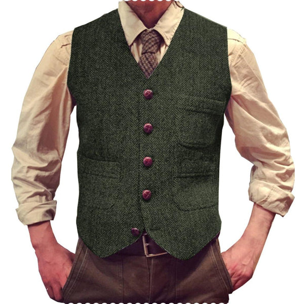 Tiavllya Tiavllya Vintage Classical Mens Regular Fit Tweed Herringbone V Neck Waistcoat