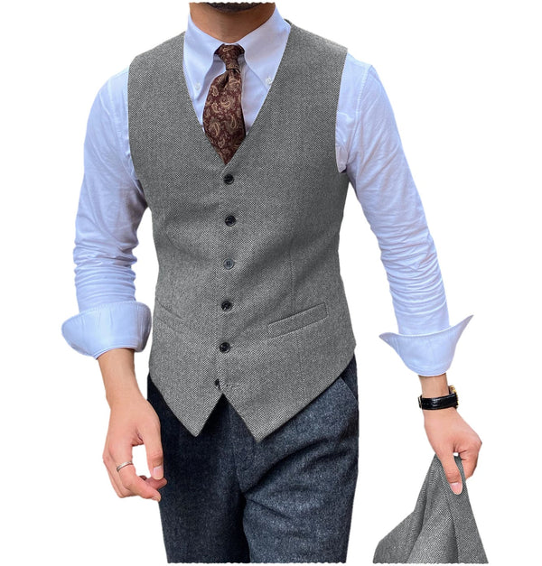 Tiavllya Tiavllya Vintage Classical Mens Regular Fit Tweed Herringbone V Neck Waistcoat