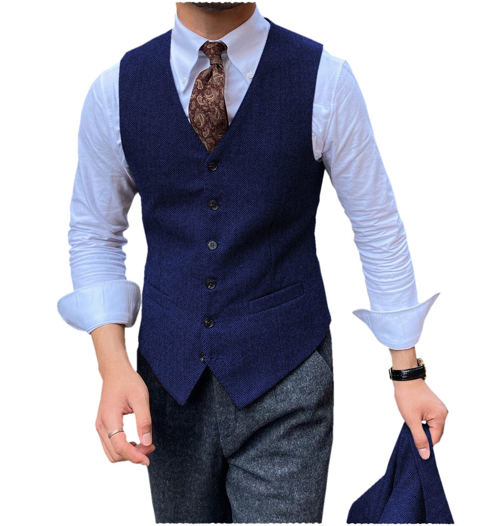 Tiavllya Tiavllya Vintage Classical Mens Regular Fit Tweed Herringbone V Neck Waistcoat