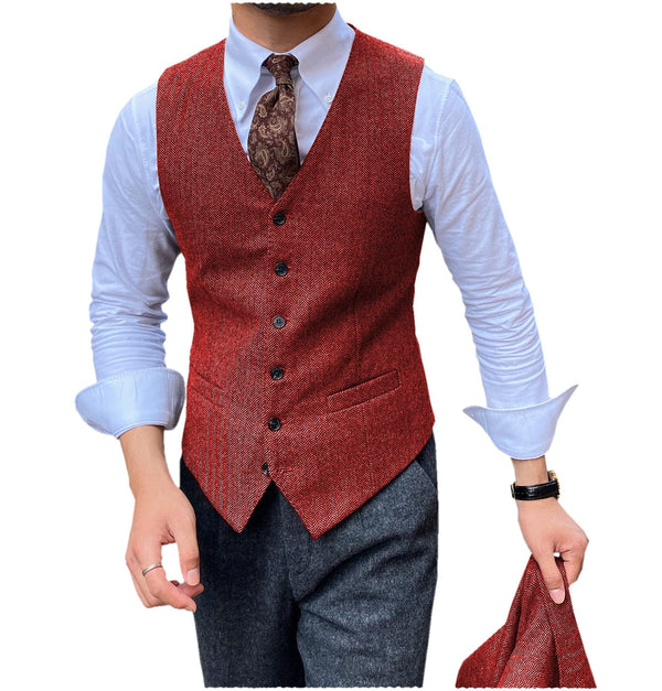 Tiavllya Tiavllya Vintage Classical Mens Regular Fit Tweed Herringbone V Neck Waistcoat