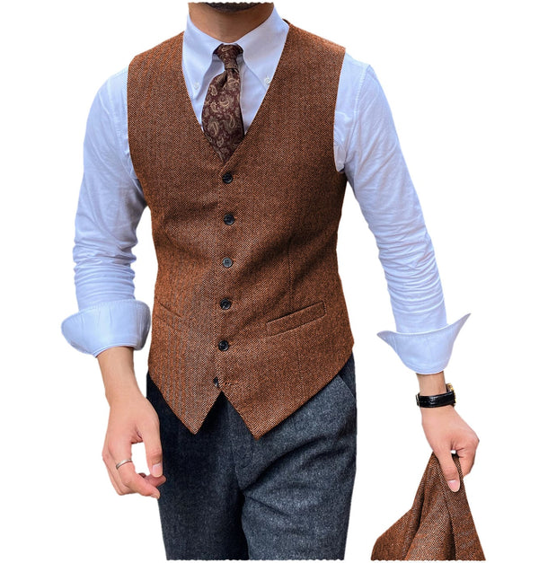 Tiavllya Tiavllya Vintage Classical Mens Regular Fit Tweed Herringbone V Neck Waistcoat