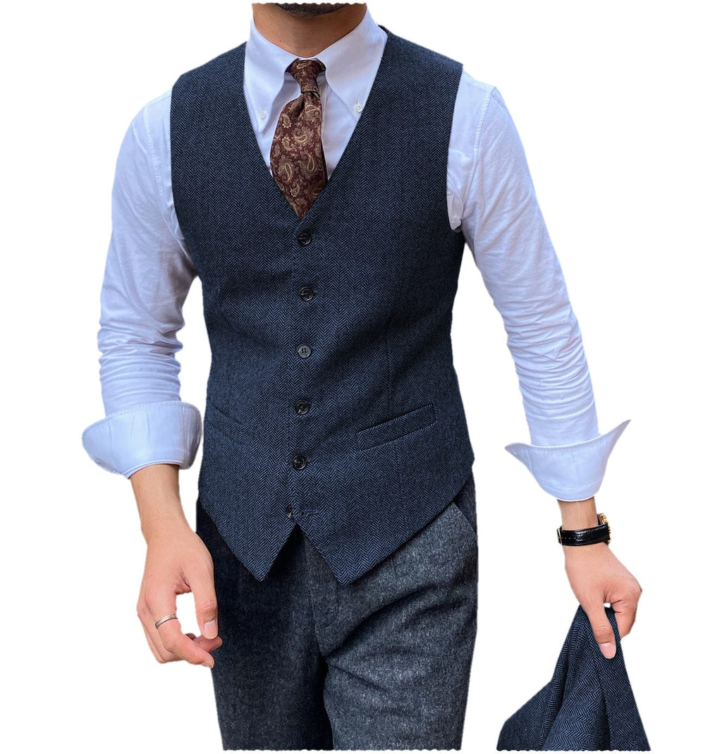 Tiavllya Tiavllya Vintage Classical Mens Regular Fit Tweed Herringbone V Neck Waistcoat