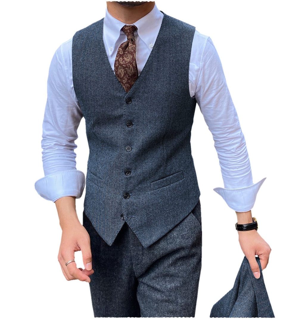 Tiavllya Tiavllya Vintage Classical Mens Regular Fit Tweed Herringbone V Neck Waistcoat