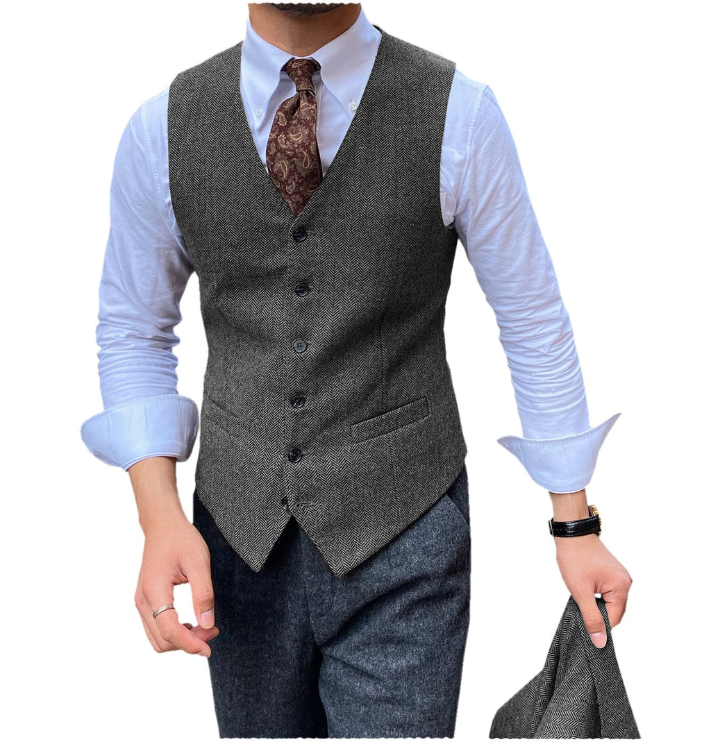 Tiavllya Tiavllya Vintage Classical Mens Regular Fit Tweed Herringbone V Neck Waistcoat