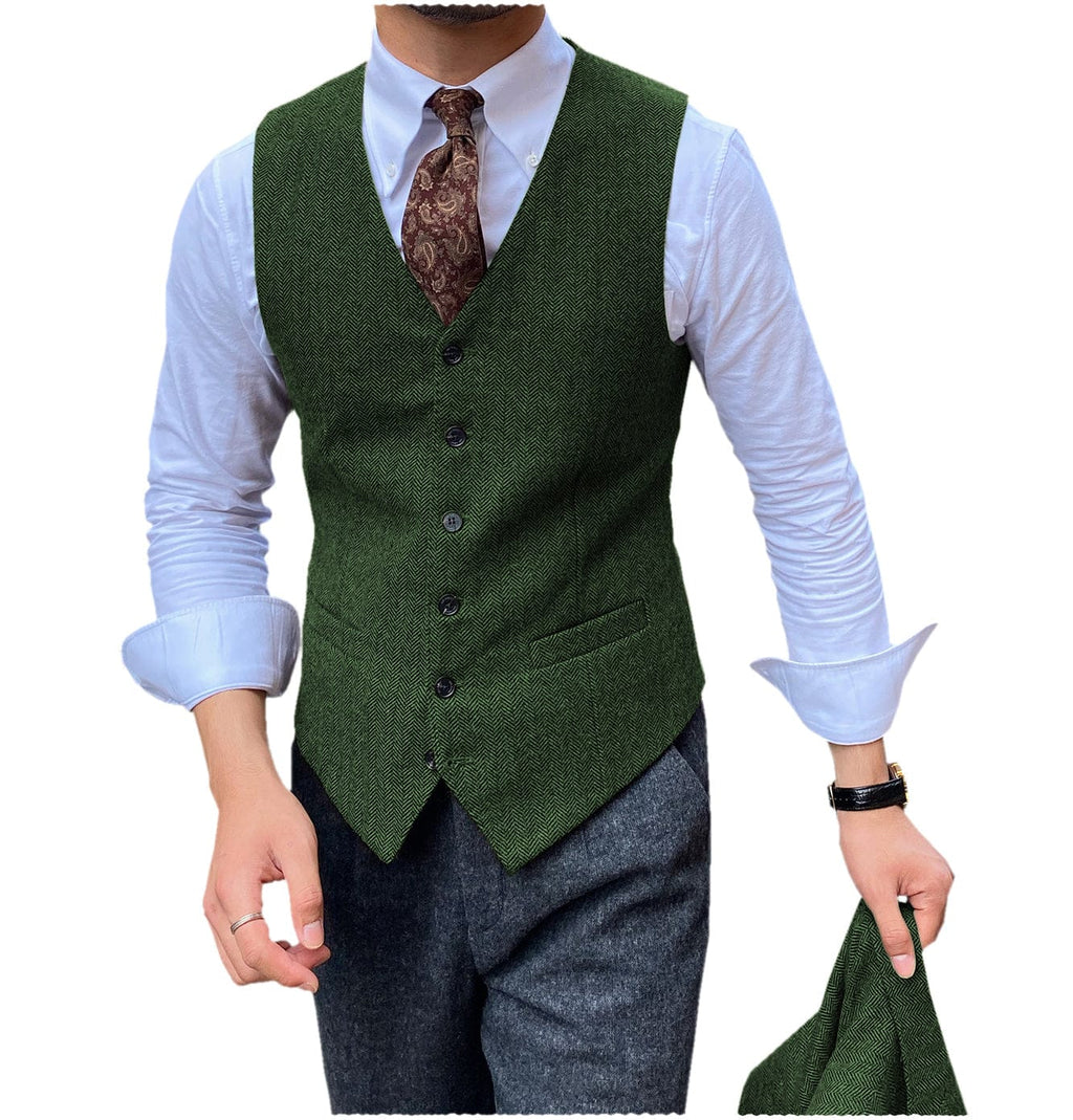 Tiavllya Tiavllya Vintage Classical Mens Regular Fit Tweed Herringbone V Neck Waistcoat
