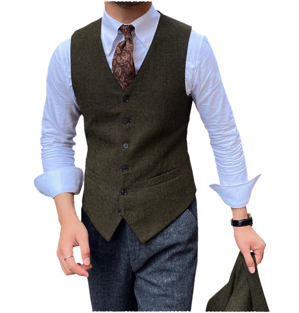 Tiavllya Tiavllya Vintage Classical Mens Regular Fit Tweed Herringbone V Neck Waistcoat
